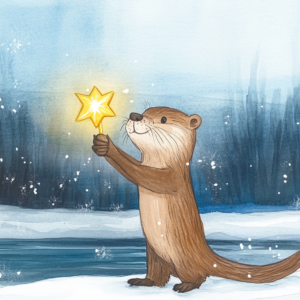 4 x Midjourney KI Illustration: Otter mit Stern im Schnee