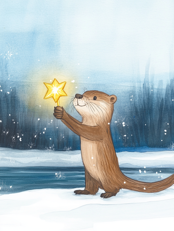 4 x Midjourney KI Illustration: Otter mit Stern im Schnee