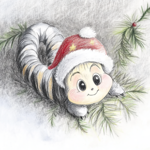 Midjourney KI Illustration: Weihnachtliche Raupe