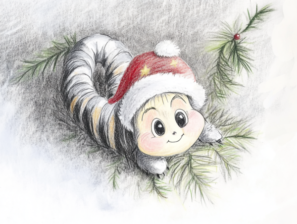 Midjourney KI Illustration: Weihnachtliche Raupe