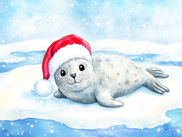 Midjourney KI Illustration: Weihnachtlicher Seehund