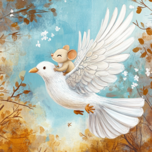 Midjourney KI Illustration: Maus fliegt auf einer Taube