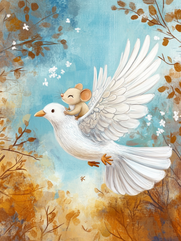 Midjourney KI Illustration: Maus fliegt auf einer Taube