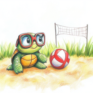 Midjourney KI Illustration: Schildkröte mit Volleyball