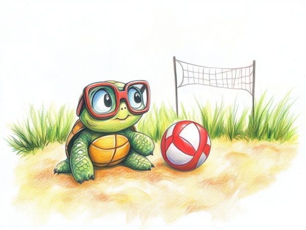 Midjourney KI Illustration: Schildkröte mit Volleyball