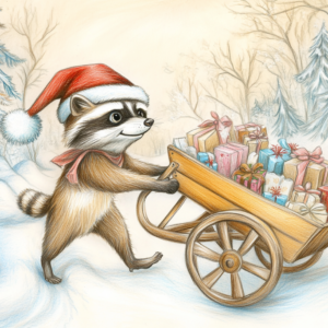 Midjourney KI Illustration: Waschbär mit Weihnachtsgeschenken