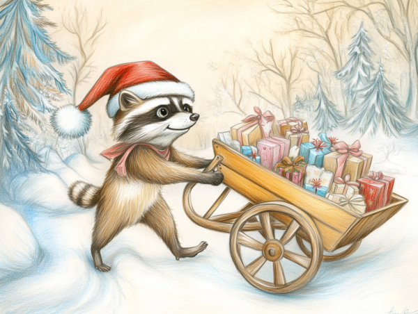 Midjourney KI Illustration: Waschbär mit Weihnachtsgeschenken