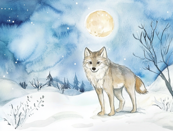 2x Midjourney KI Illustration: Wolf bei Nacht